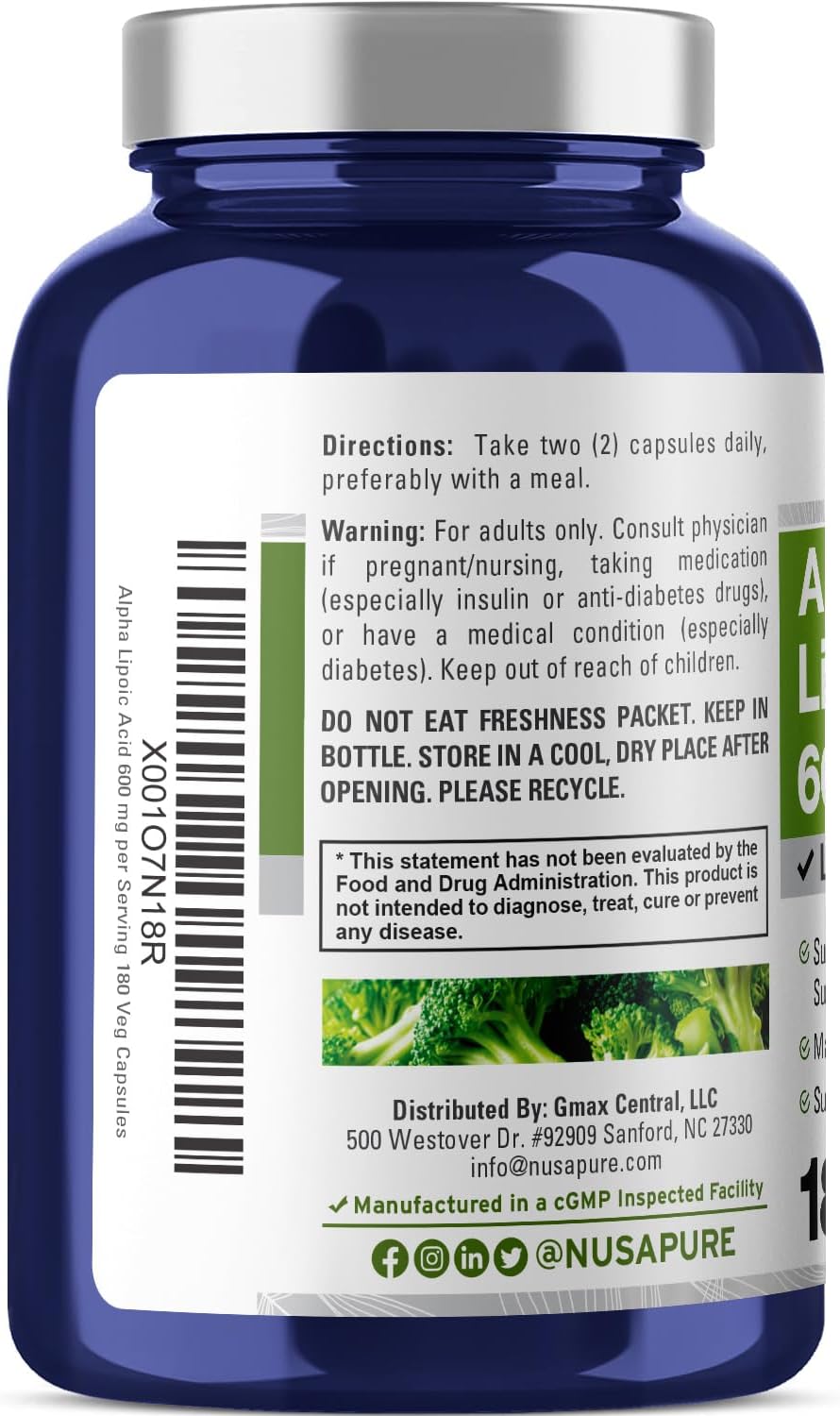 180 Veggie Capsules of NusaPure Alpha Lipoic Acid 600mg - Vegetarian, Non-GMO, Gluten-Free Formula
