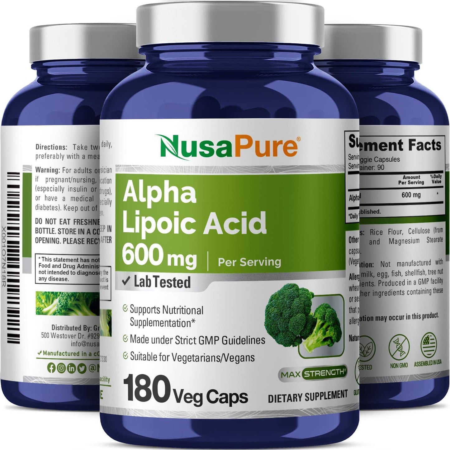 180 Veggie Capsules of NusaPure Alpha Lipoic Acid 600mg - Vegetarian, Non-GMO, Gluten-Free Formula