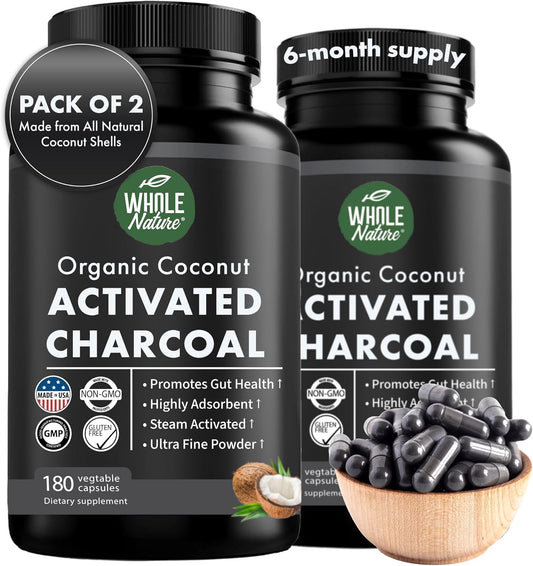 180 Whole Nature Coconut Activated Charcoal Capsules for Teeth Whitening and Digestive Health - Pure Coconut Derived Supplement for Constipation, Bloating, Stomach Gas, and Heartburn