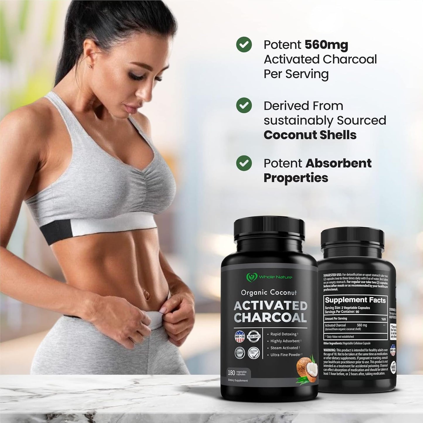 180 Whole Nature Coconut Activated Charcoal Capsules for Teeth Whitening and Digestive Health - Pure Coconut Derived Supplement for Constipation, Bloating, Stomach Gas, and Heartburn