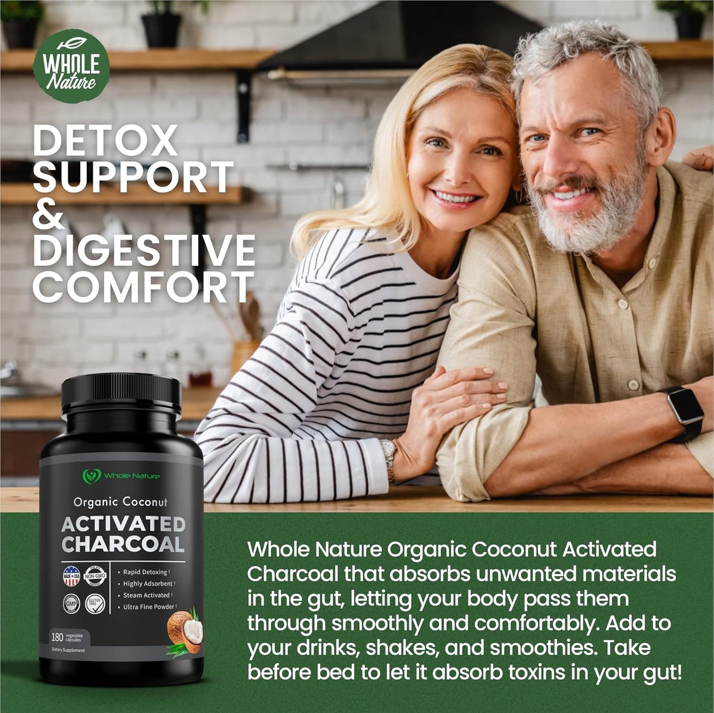 180 Whole Nature Coconut Activated Charcoal Capsules for Teeth Whitening and Digestive Health - Pure Coconut Derived Supplement for Constipation, Bloating, Stomach Gas, and Heartburn