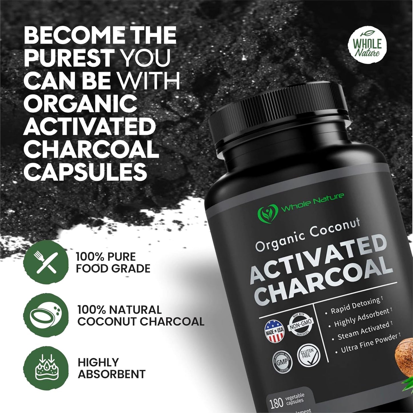 180 Whole Nature Coconut Activated Charcoal Capsules for Teeth Whitening and Digestive Health - Pure Coconut Derived Supplement for Constipation, Bloating, Stomach Gas, and Heartburn
