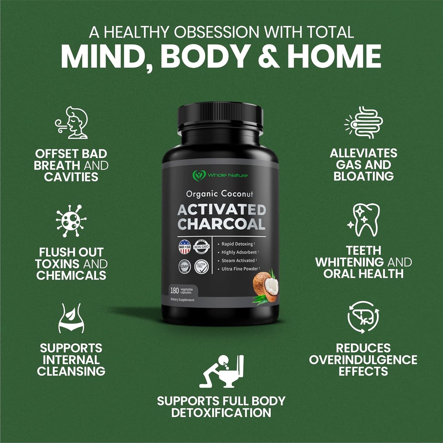 180 Whole Nature Coconut Activated Charcoal Capsules for Teeth Whitening and Digestive Health - Pure Coconut Derived Supplement for Constipation, Bloating, Stomach Gas, and Heartburn