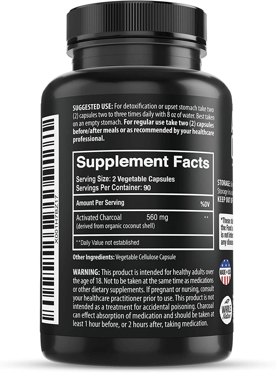 180 Whole Nature Coconut Activated Charcoal Capsules for Teeth Whitening and Digestive Health - Pure Coconut Derived Supplement for Constipation, Bloating, Stomach Gas, and Heartburn