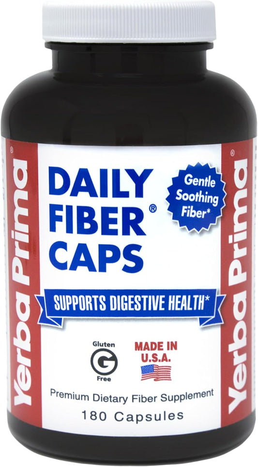 180 Yerba Prima Daily Fiber Capsules for Colon Cleanse & Gut Health - Soluble & Insoluble Fiber Supplement - Vegan & Non-GMO - Gluten-Free
