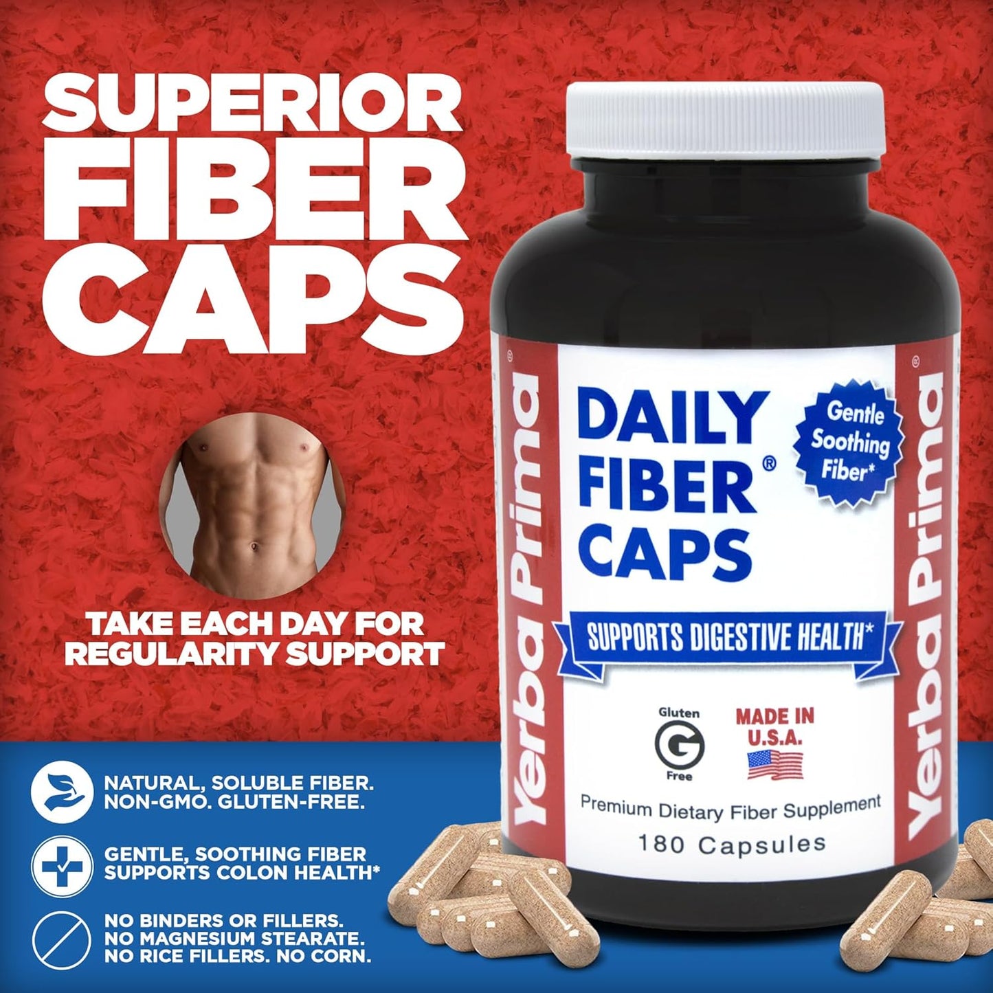 180 Yerba Prima Daily Fiber Capsules for Colon Cleanse & Gut Health - Soluble & Insoluble Fiber Supplement - Vegan & Non-GMO - Gluten-Free