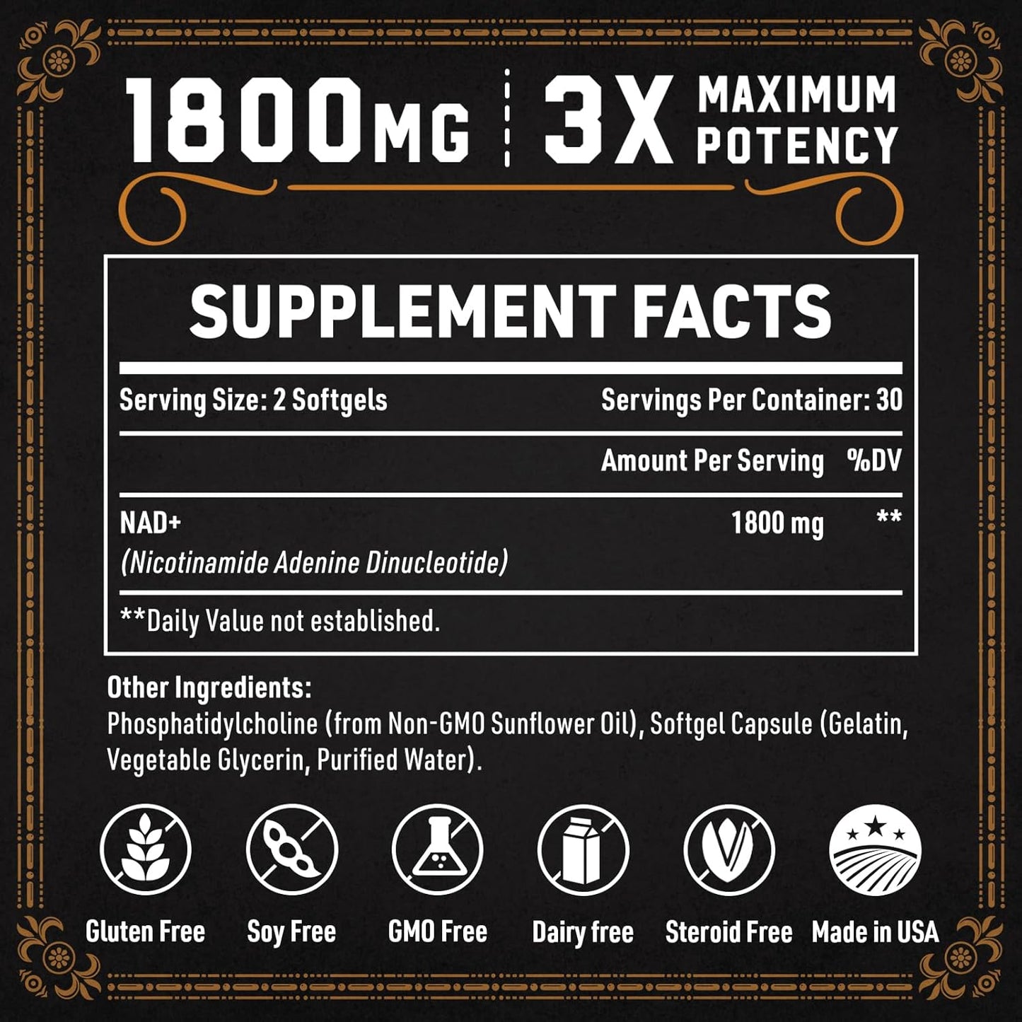1800 MG Liposomal NAD+ Supplement for Energy & Cellular Repair - Non-GMO, 60 Softgels