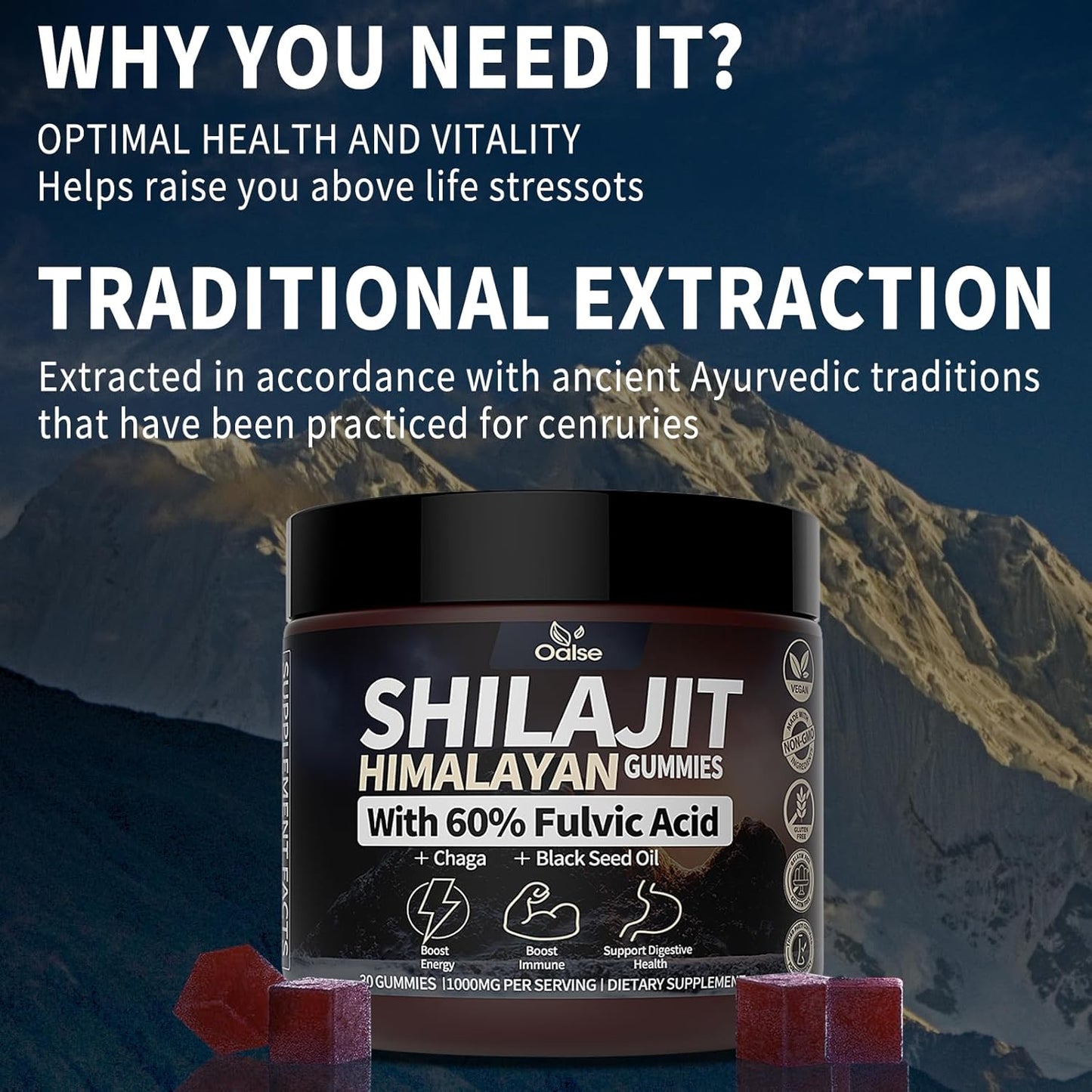 18,000mg Shilajit Gummies with 60%+ Fulvic Acid & 85+ Trace Minerals - Pure Himalayan Supplement