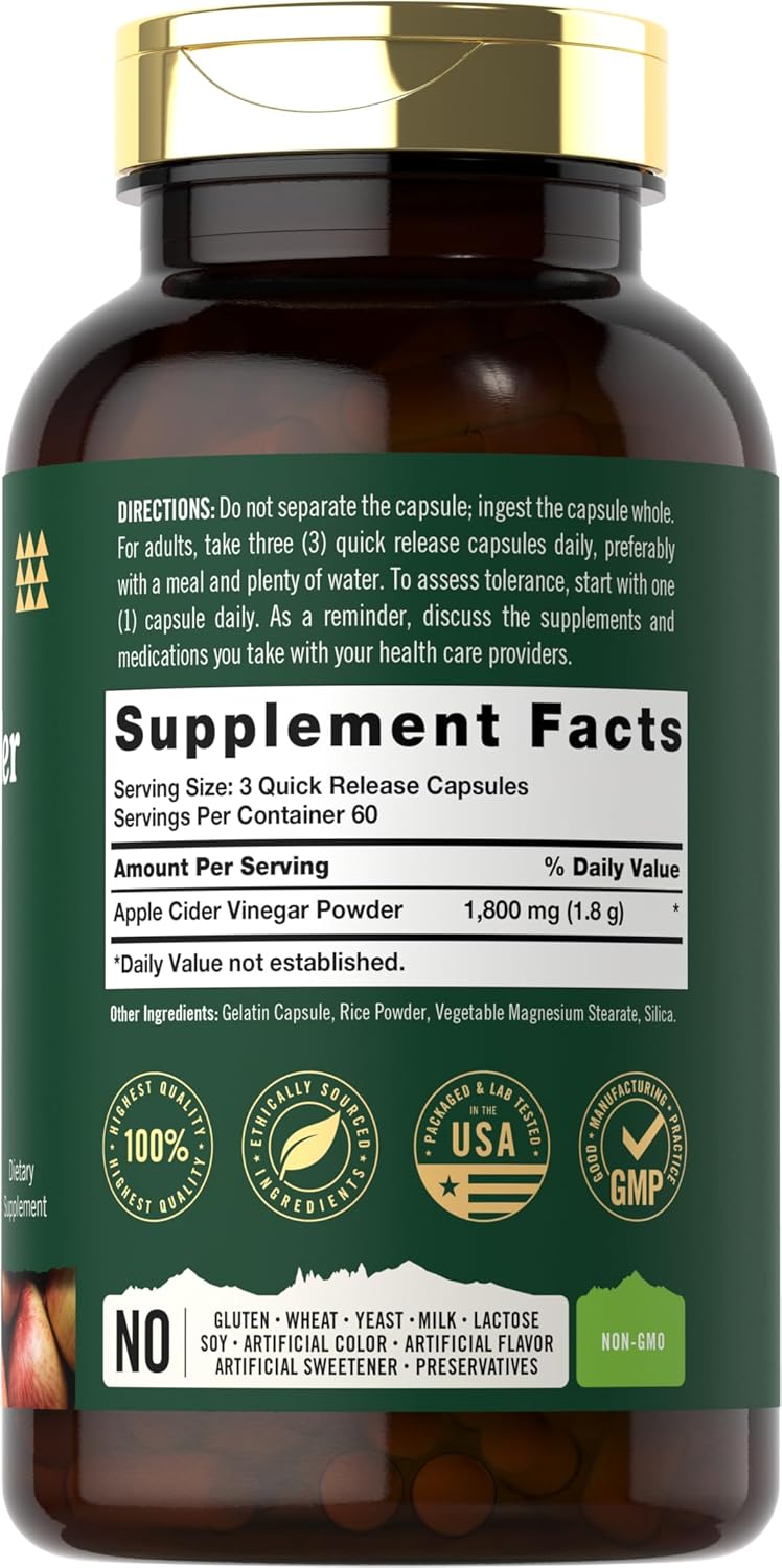 1800mg Apple Cider Vinegar Capsules - 180 Count Non-GMO & Gluten-Free Supplement by Tahoe Nutritionals