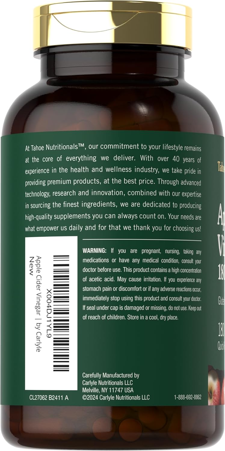 1800mg Apple Cider Vinegar Capsules - 180 Count Non-GMO & Gluten-Free Supplement by Tahoe Nutritionals