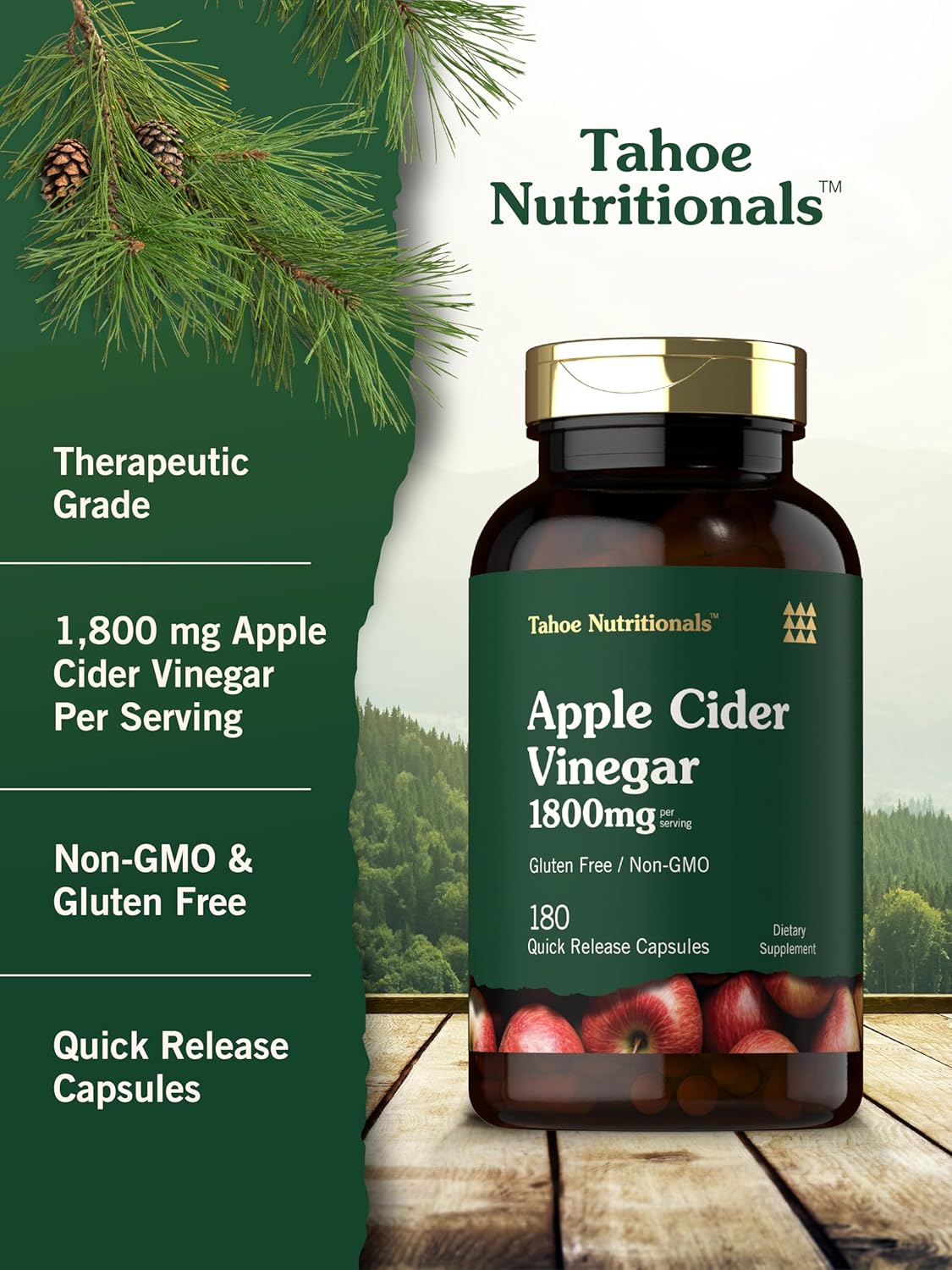 1800mg Apple Cider Vinegar Capsules - 180 Count Non-GMO & Gluten-Free Supplement by Tahoe Nutritionals