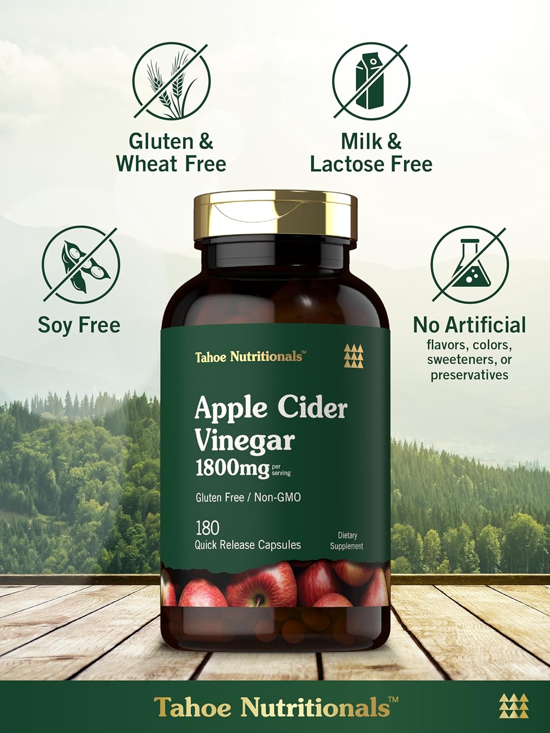 1800mg Apple Cider Vinegar Capsules - 180 Count Non-GMO & Gluten-Free Supplement by Tahoe Nutritionals