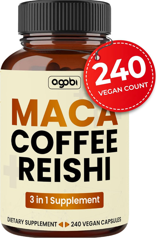 1800mg Maca Coffee Supplement with Reishi Mushroom - 240 Vegan Capsules for Energy, Mood, Immune System & Stamina - Gluten-Free, Non-GMO Formula