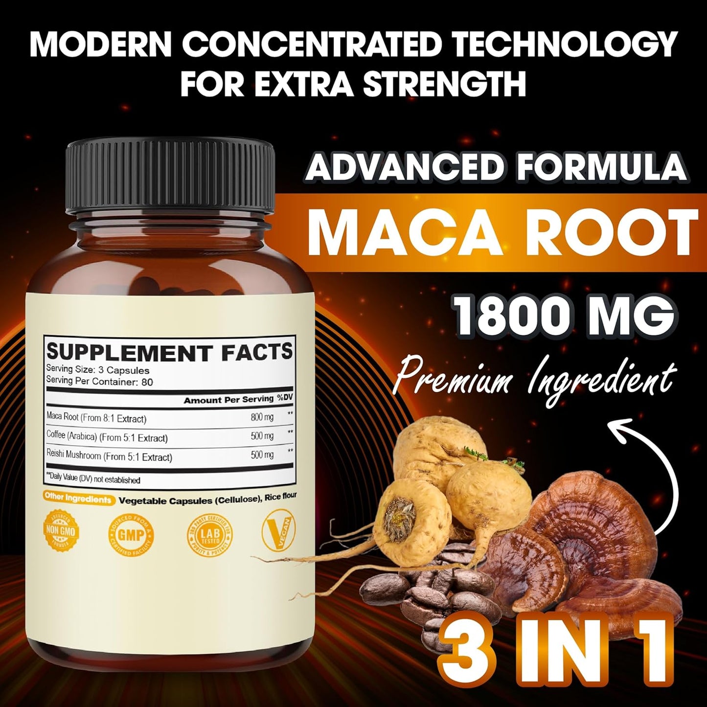 1800mg Maca Coffee Supplement with Reishi Mushroom - 240 Vegan Capsules for Energy, Mood, Immune System & Stamina - Gluten-Free, Non-GMO Formula
