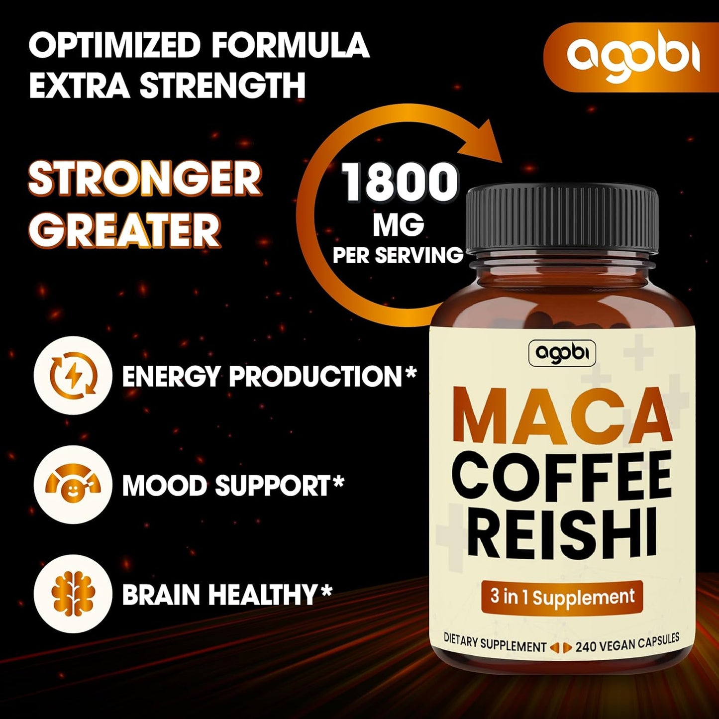 1800mg Maca Coffee Supplement with Reishi Mushroom - 240 Vegan Capsules for Energy, Mood, Immune System & Stamina - Gluten-Free, Non-GMO Formula