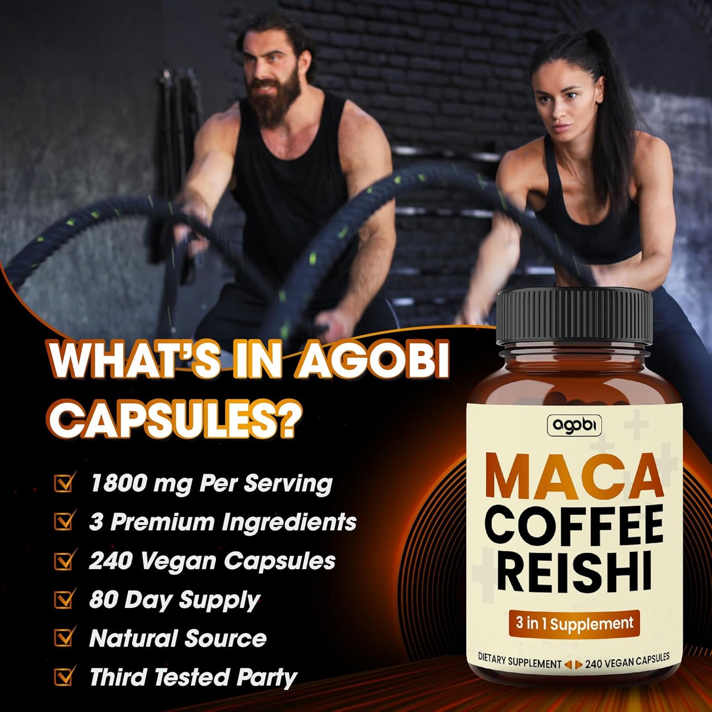 1800mg Maca Coffee Supplement with Reishi Mushroom - 240 Vegan Capsules for Energy, Mood, Immune System & Stamina - Gluten-Free, Non-GMO Formula
