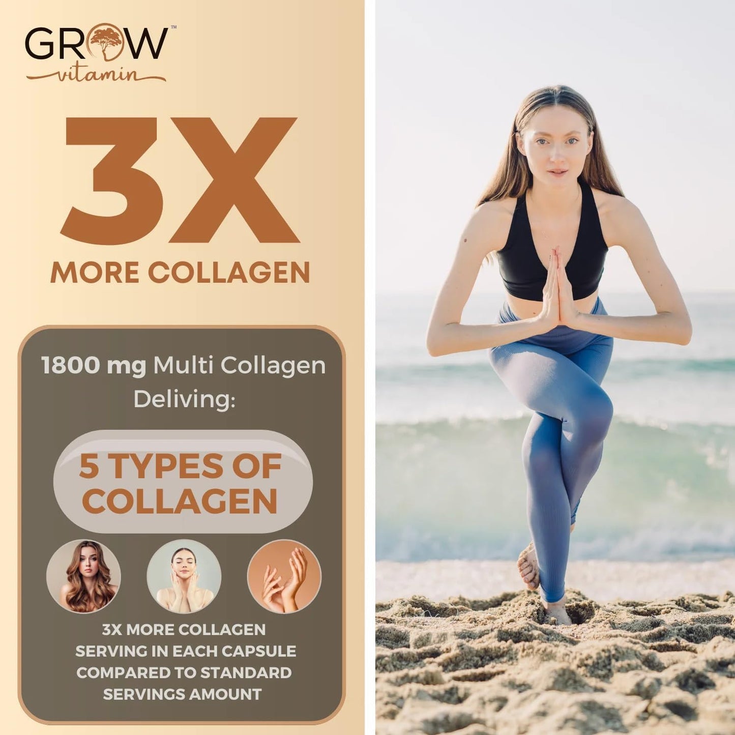 1800MG Multi Collagen Capsules - Non-GMO, Grass Fed - Hair, Skin, Nails & Joint Support - 90 Capsules