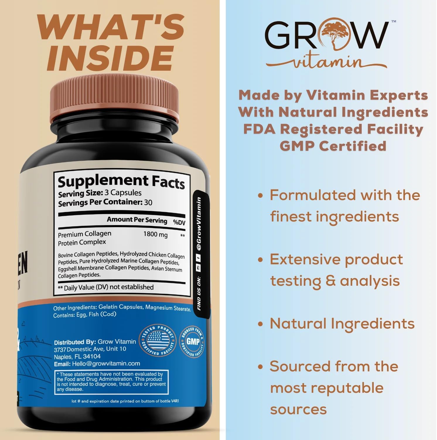 1800MG Multi Collagen Capsules - Non-GMO, Grass Fed - Hair, Skin, Nails & Joint Support - 90 Capsules