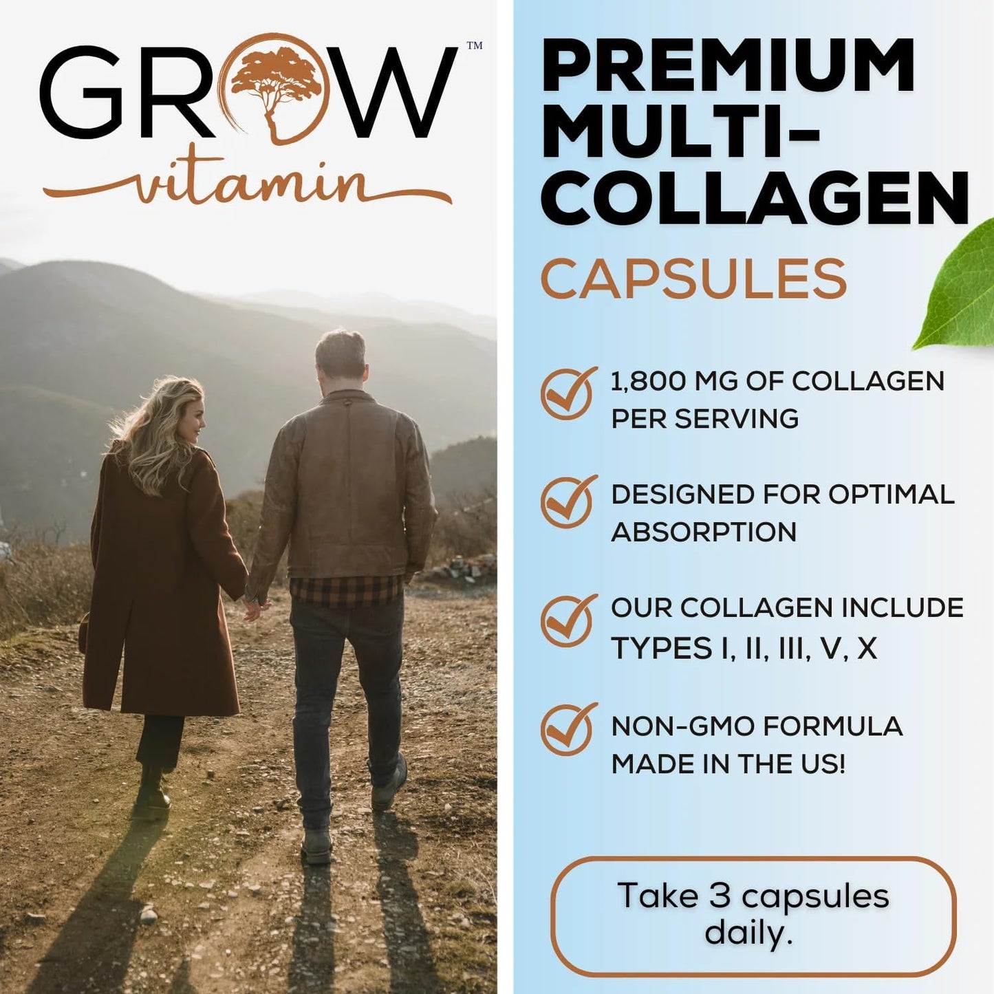 1800MG Multi Collagen Capsules - Non-GMO, Grass Fed - Hair, Skin, Nails & Joint Support - 90 Capsules