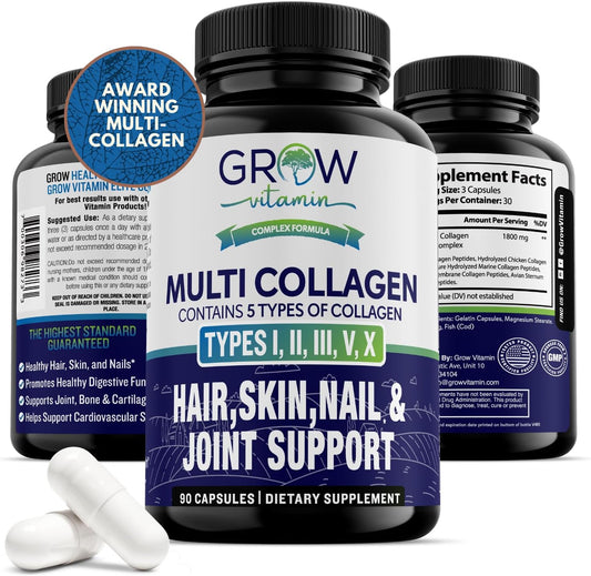 1800MG Multi Collagen Capsules with Types I, II, III, V & X - Grass Fed, Non-GMO - Anti Aging Support for Hair, Skin, Nails - Joint Support - 90 Capsules
