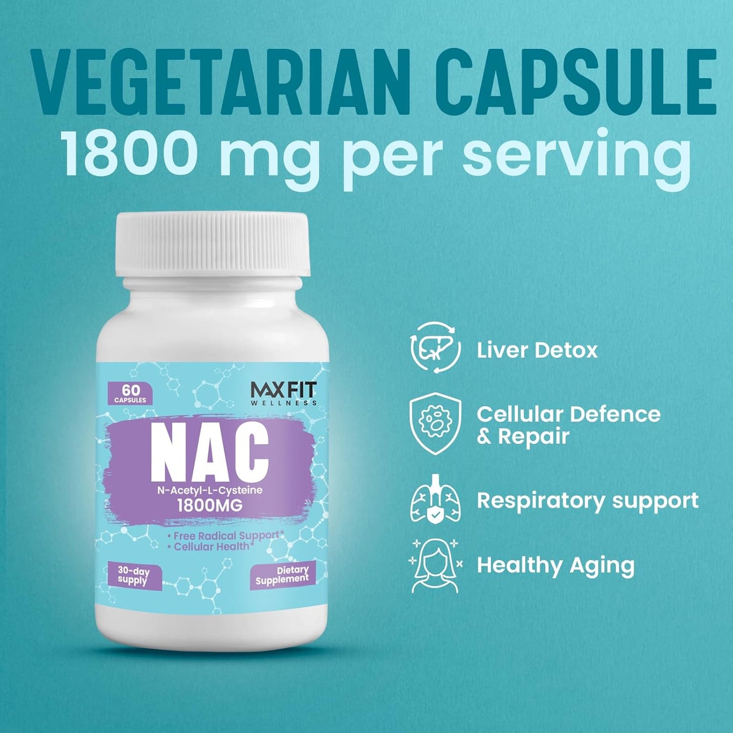 1800mg NAC Supplement for Immune & Liver Health - Antioxidant Support, Respiratory Function - 60 Veggie Capsules