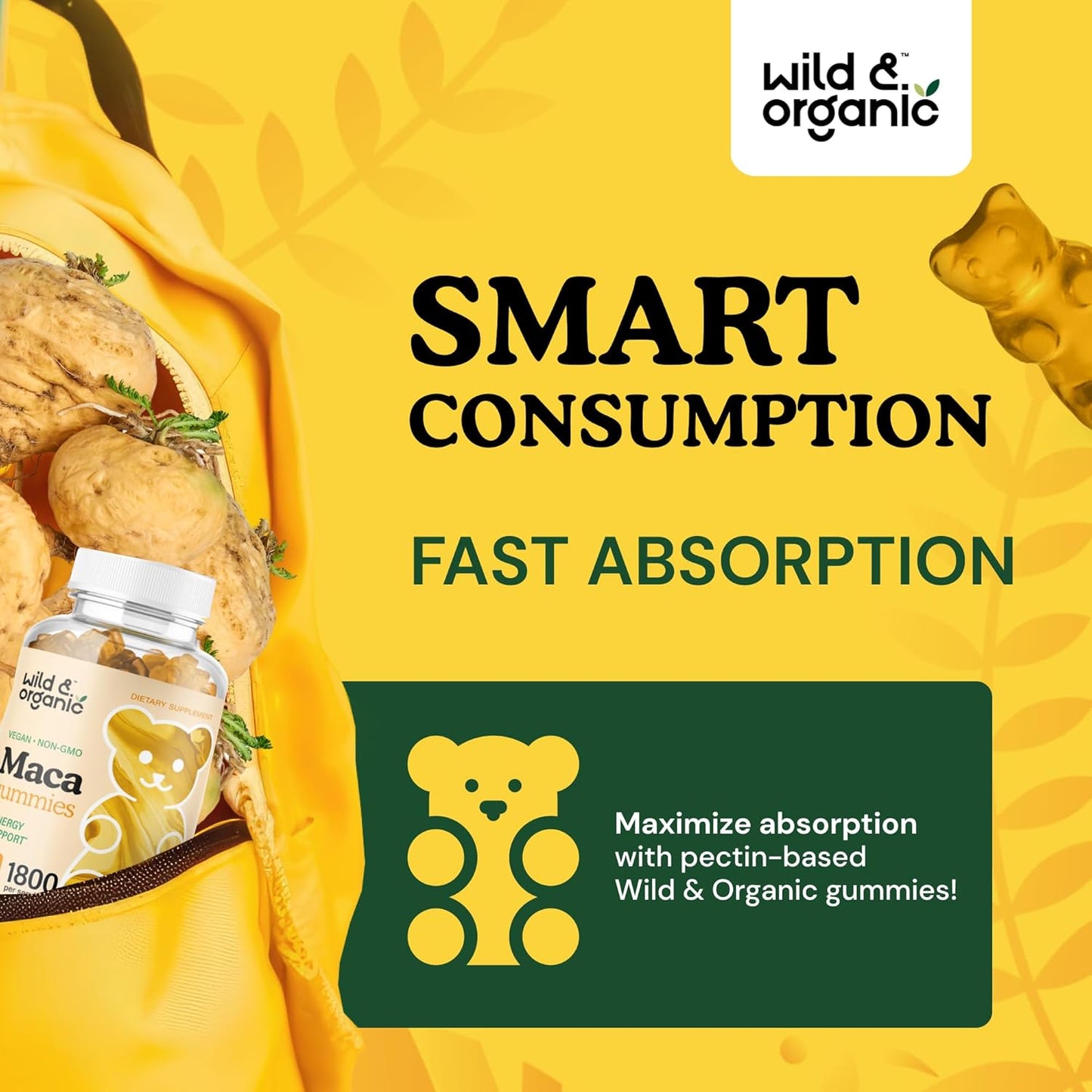 1800mg Organic Wild Maca Root Gummies - Yellow, Red, Black Maca Chews for Mood & Overall Support - Peruvian Supplement for Men & Women - 60 Vegan Gummies