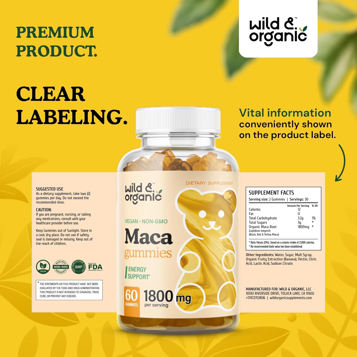 1800mg Organic Wild Maca Root Gummies - Yellow, Red, Black Maca Chews for Mood & Overall Support - Peruvian Supplement for Men & Women - 60 Vegan Gummies