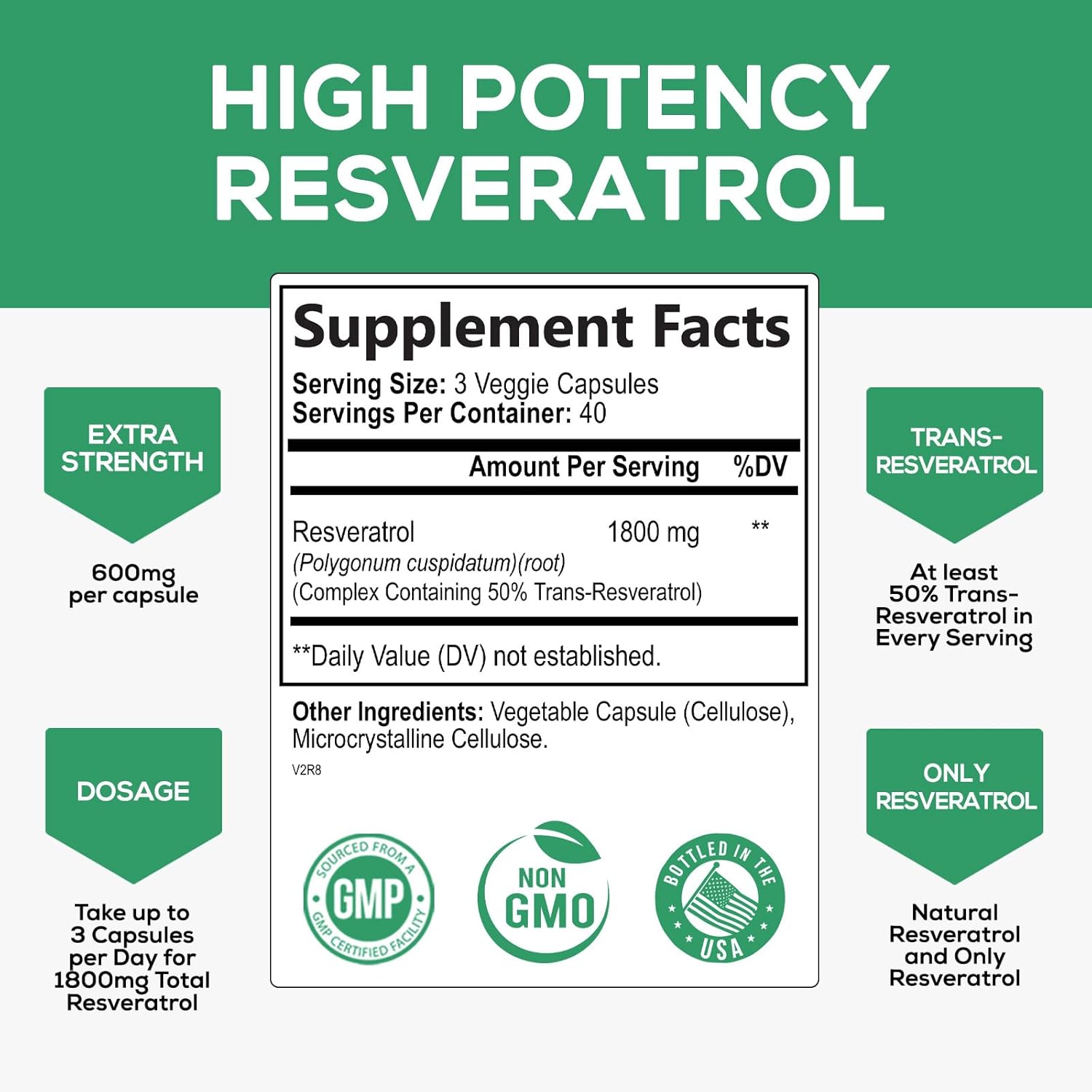 1800mg Resveratrol Supplement for Healthy Aging & Immune Support - Heart Health & Cellular Energy - Non-GMO, Vegan - 120 Capsules
