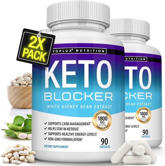 1800mg Toplux Keto Blocker Pills with White Kidney Bean Extract - Natural Ketosis Support for Keto Diet - 90 Capsules for Men and Women