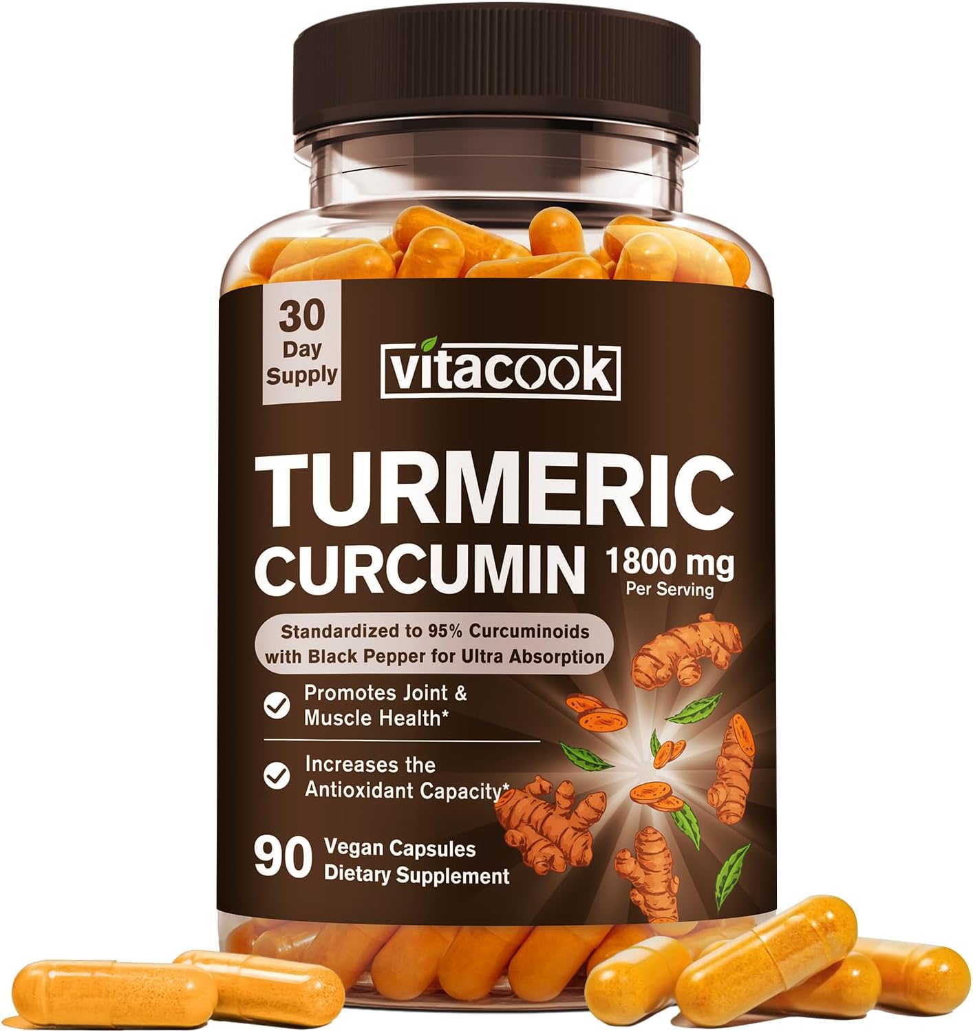 1800mg Turmeric Curcumin with 95% Curcuminoids, Enhanced Absorption with Black Pepper, Vegan Joint & Muscle Support, Non-GMO - 90 Capsules