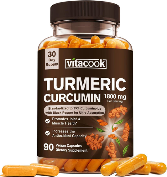 1800mg Turmeric Curcumin with 95% Curcuminoids, Enhanced Absorption with Black Pepper, Vegan Joint & Muscle Support, Non-GMO - 90 Capsules