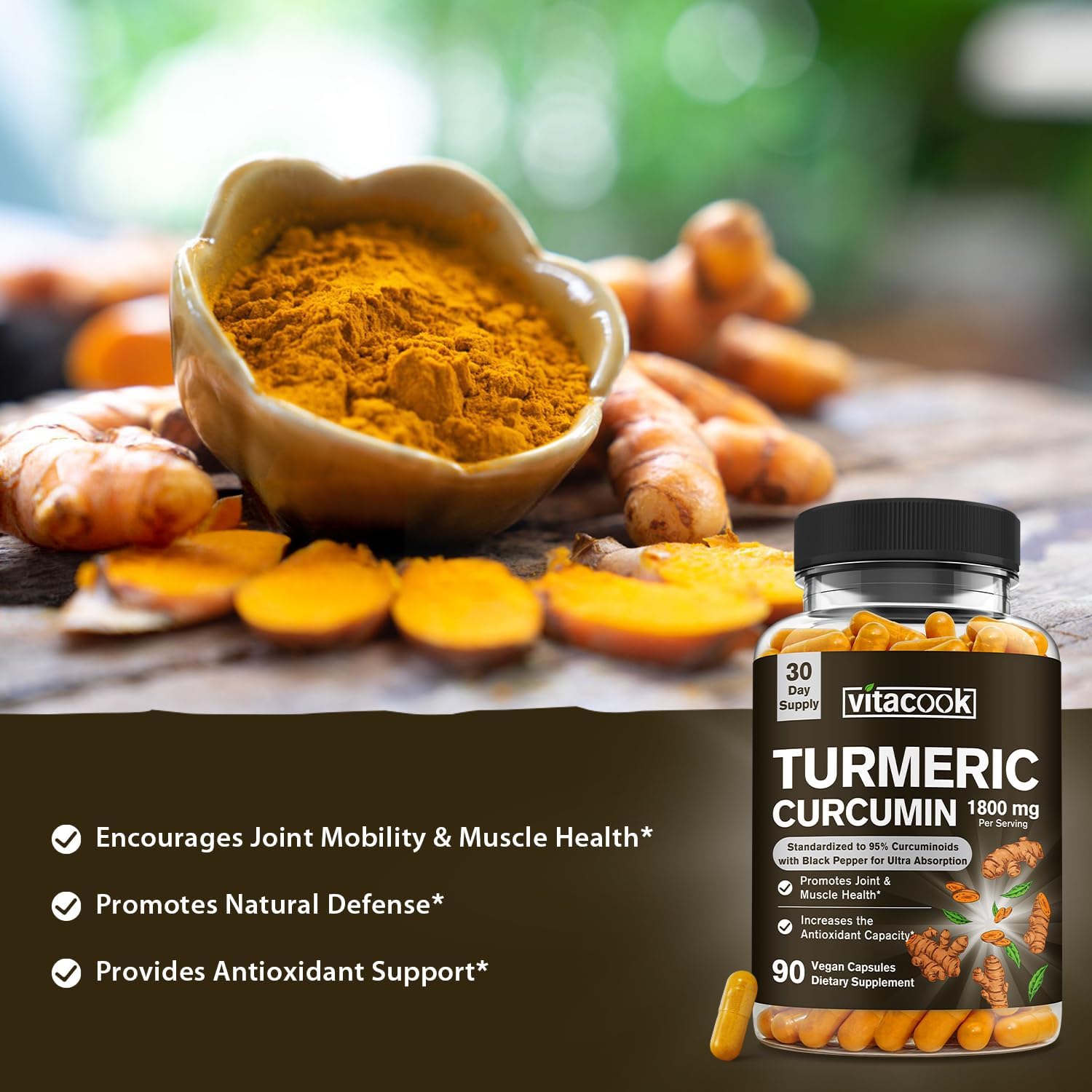 1800mg Turmeric Curcumin with 95% Curcuminoids, Enhanced Absorption with Black Pepper, Vegan Joint & Muscle Support, Non-GMO - 90 Capsules