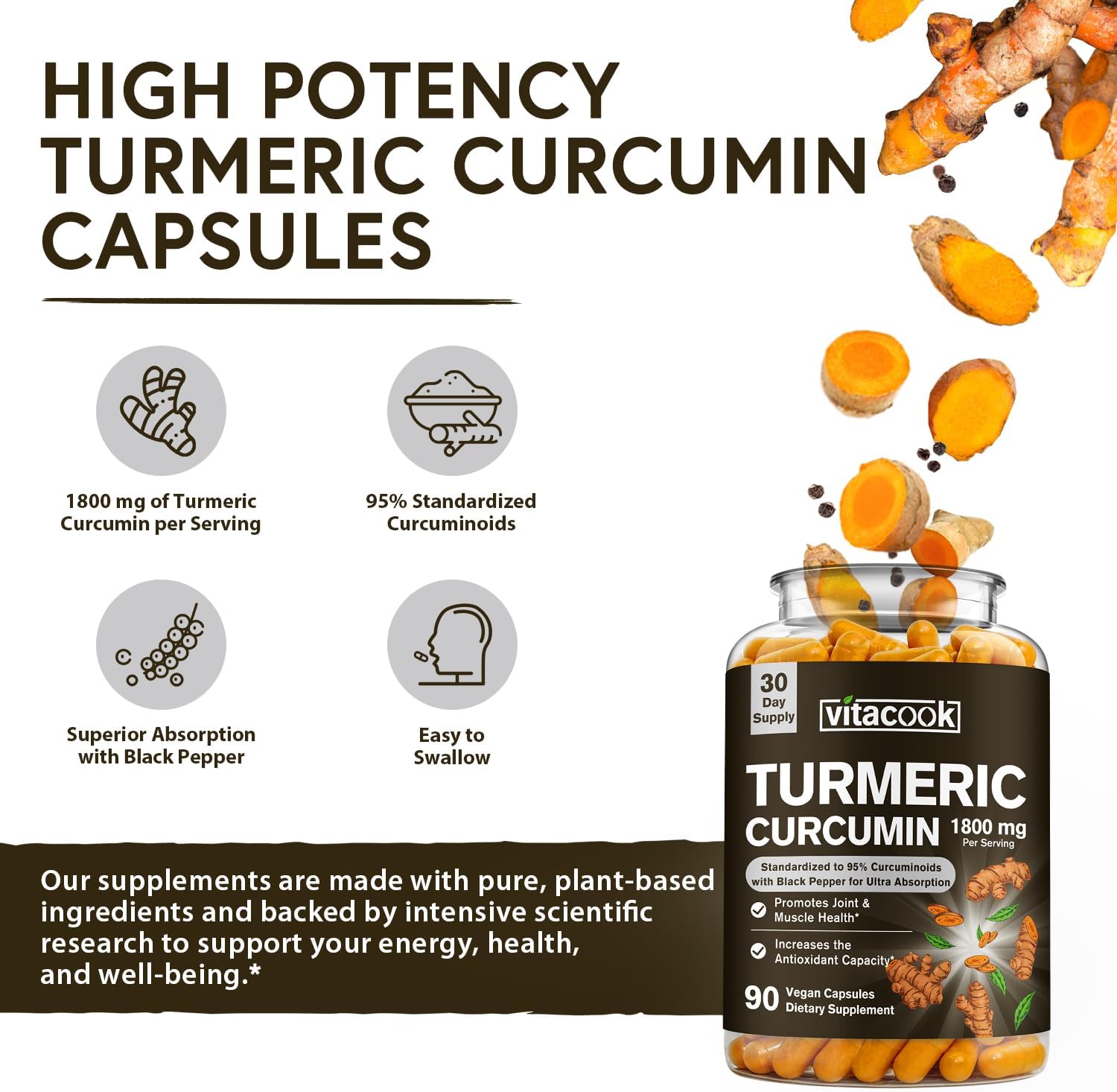 1800mg Turmeric Curcumin with 95% Curcuminoids, Enhanced Absorption with Black Pepper, Vegan Joint & Muscle Support, Non-GMO - 90 Capsules