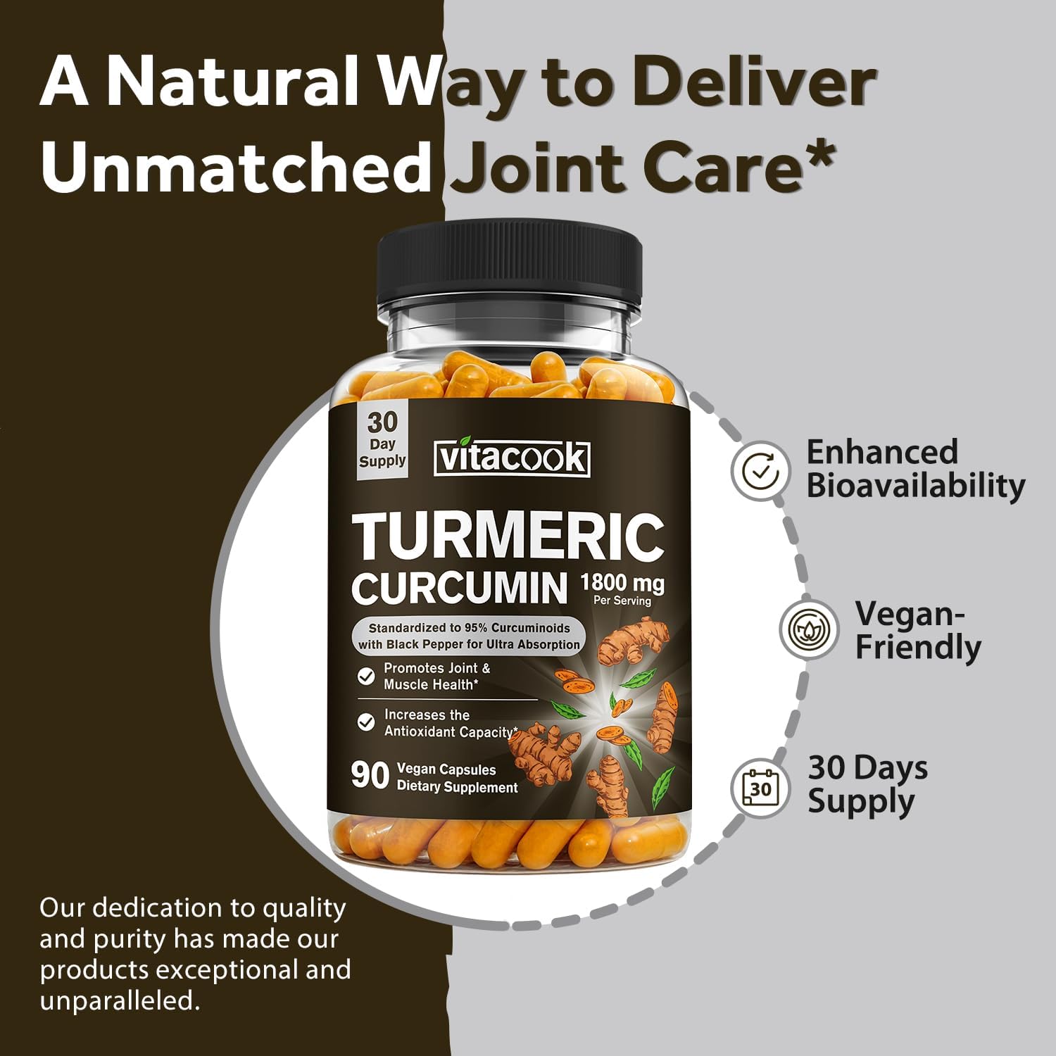 1800mg Turmeric Curcumin with 95% Curcuminoids, Enhanced Absorption with Black Pepper, Vegan Joint & Muscle Support, Non-GMO - 90 Capsules