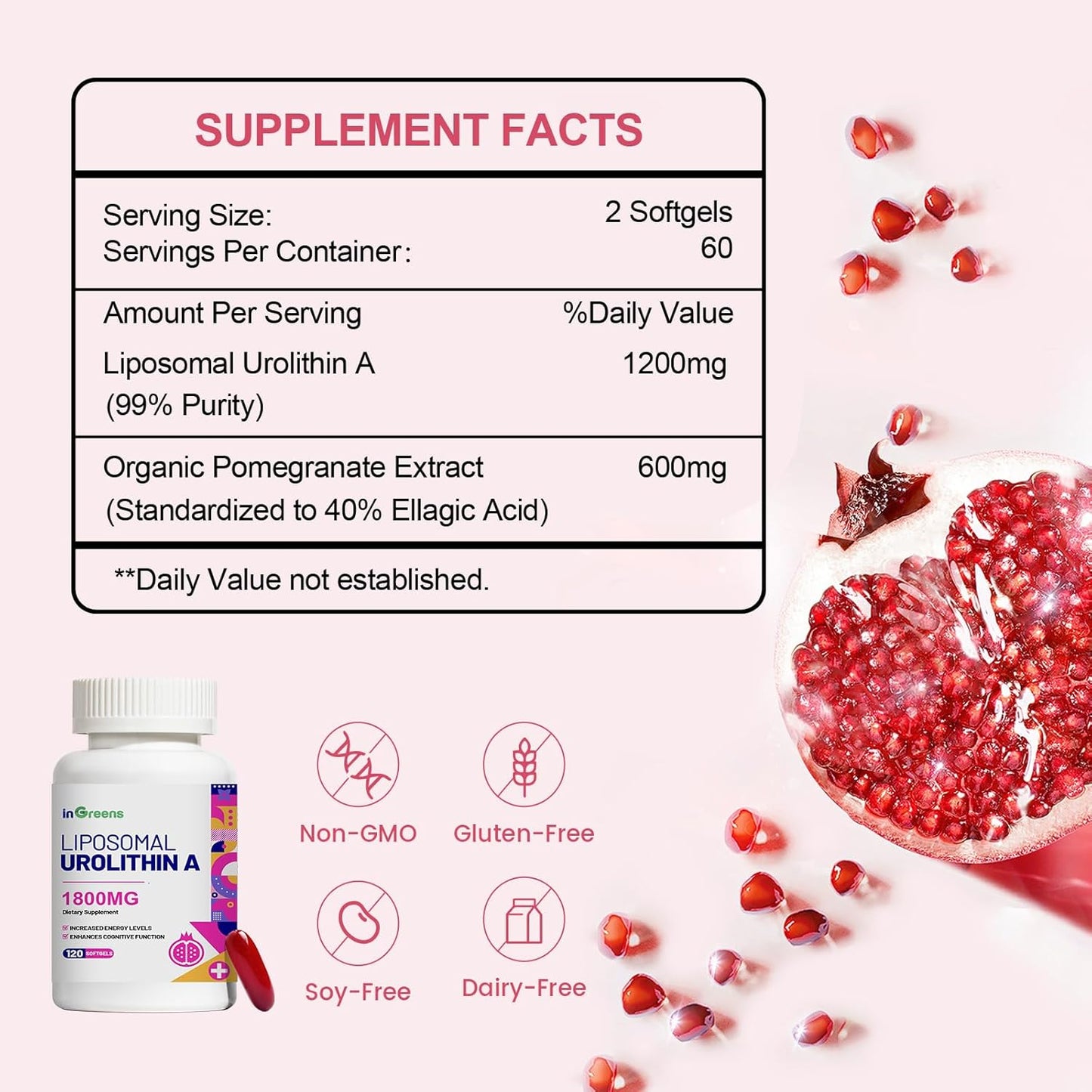 1800mg Urolithin A Supplement for Muscle Strength, Endurance, and Longevity - NAD+ Boost, Antioxidant, Cell Repair - 120 Softgels