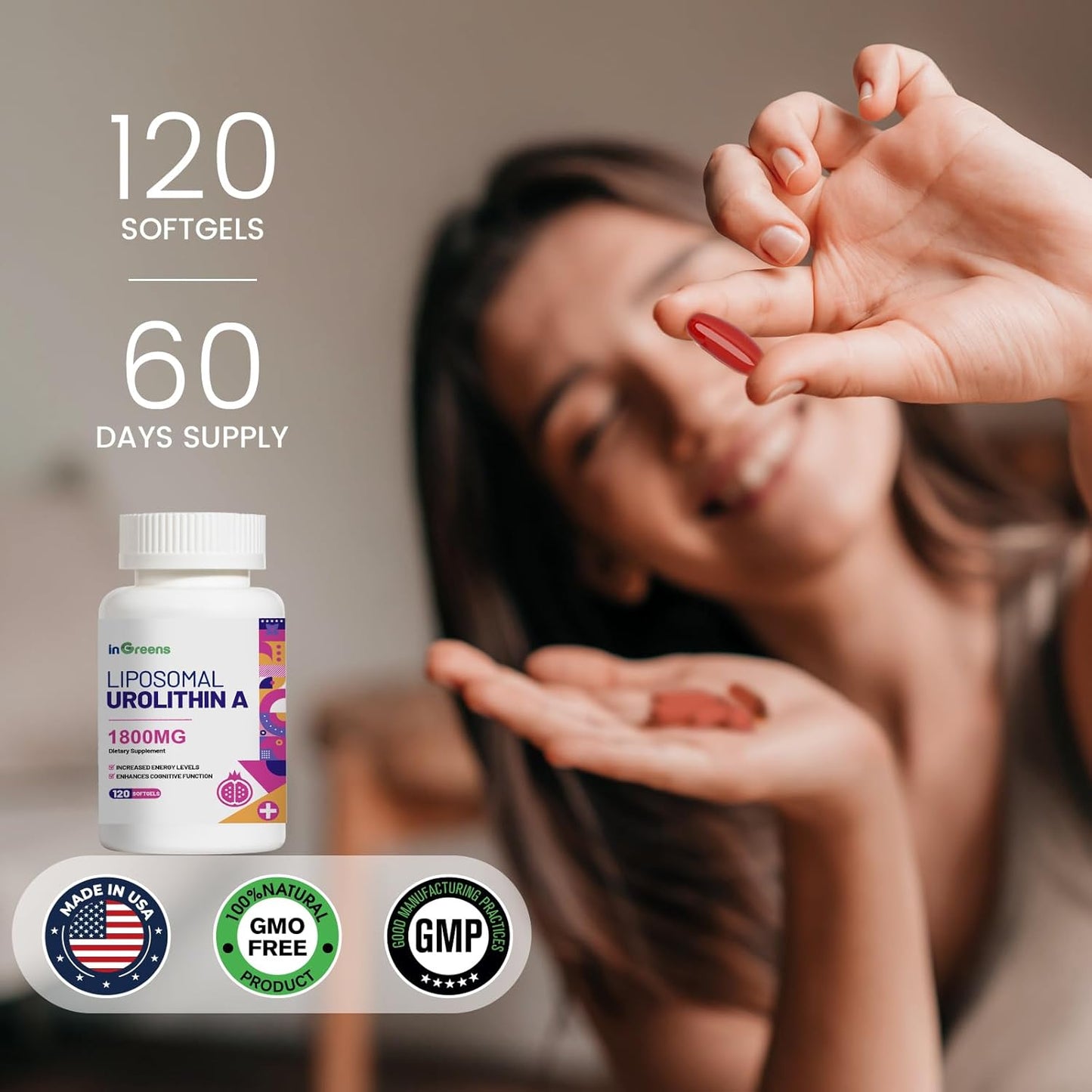 1800mg Urolithin A Supplement for Muscle Strength, Endurance, and Longevity - NAD+ Boost, Antioxidant, Cell Repair - 120 Softgels