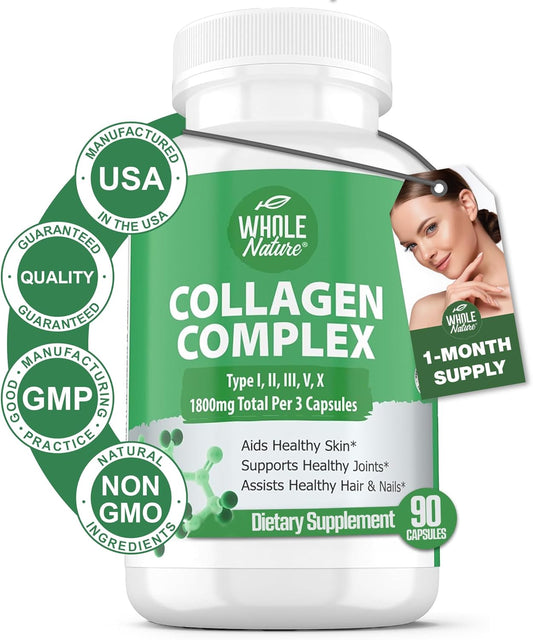 1800mg Whole Nature Multi Collagen Protein Peptides Capsules - Types I, II, III, V, X - Joint Support, Hair, Skin, Nails, Beauty Vitamins - 100% Natural Non-GMO - 90ct