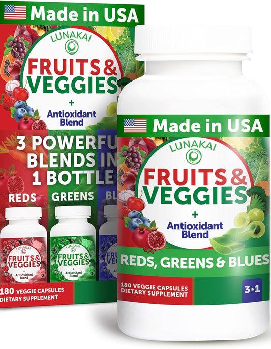 180ct Lunakai USA Made Superfood Fruits & Veggies Supplement - All-in-One with 4 Blends & Scented Capsules for Adults