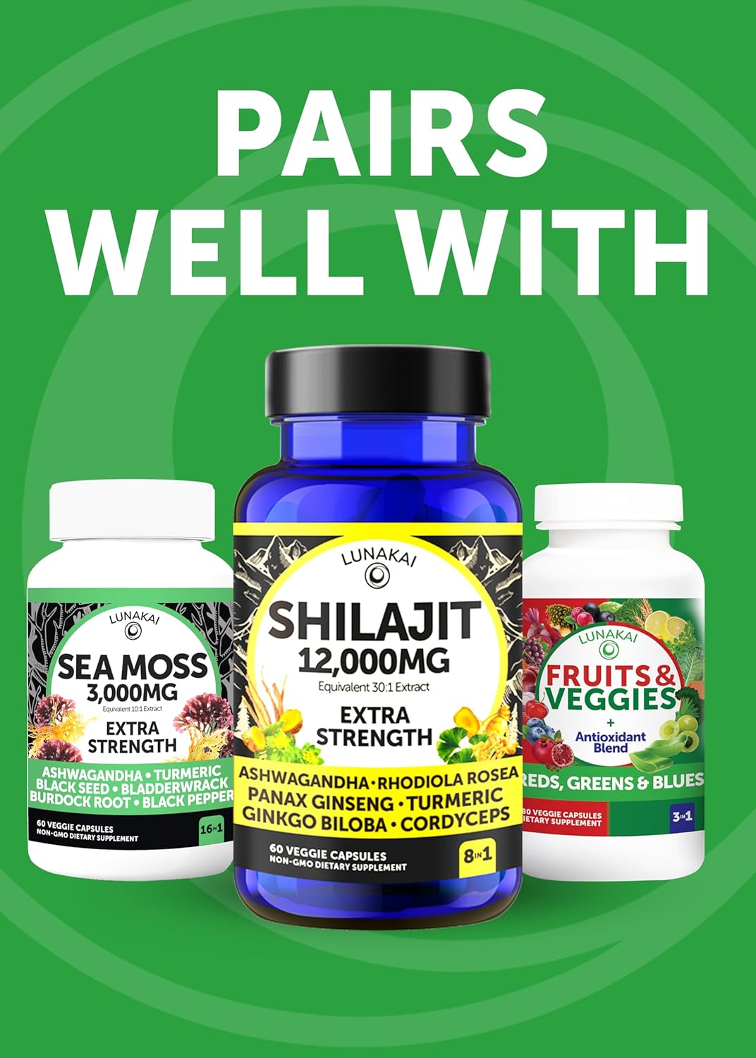 180ct Lunakai USA Made Superfood Fruits & Veggies Supplement - All-in-One with 4 Blends & Scented Capsules for Adults