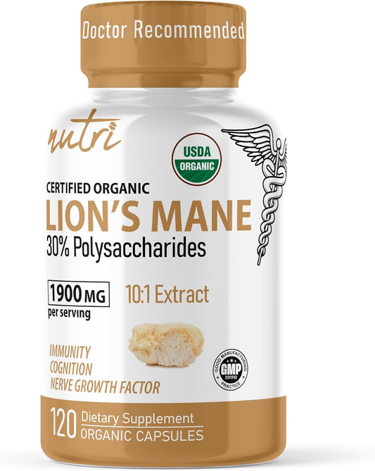 1900mg Nature's Fusions Organic Lions Mane Supplement Capsules - 10:1 Dual Extraction, 120ct - Mushroom Extract (Fruiting Body) - Third Party Tested