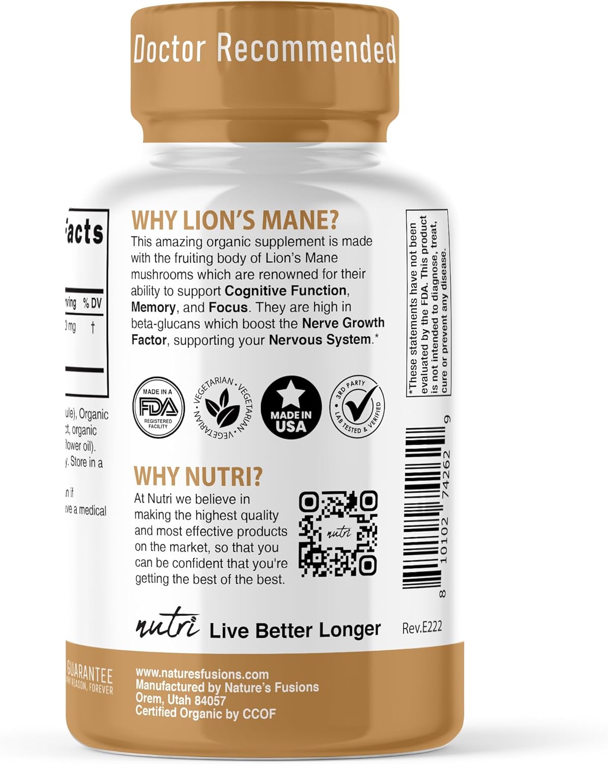 1900mg Nature's Fusions Organic Lions Mane Supplement Capsules - 10:1 Dual Extraction, 120ct - Mushroom Extract (Fruiting Body) - Third Party Tested