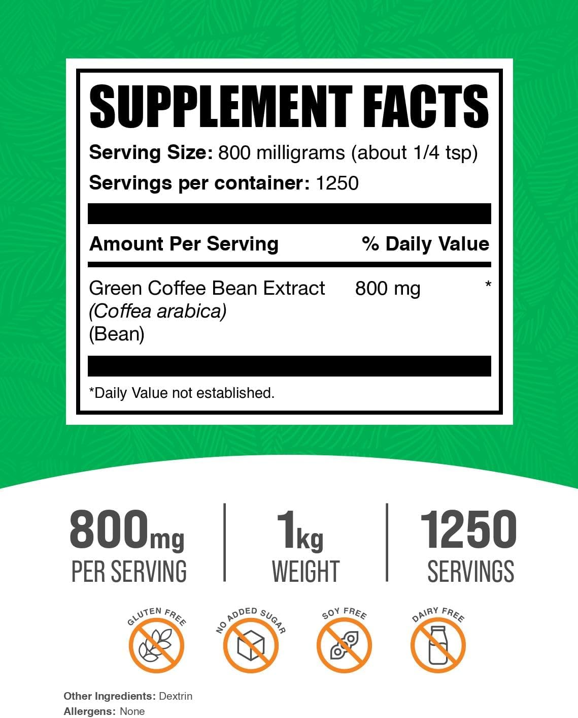 1kg Bulk Green Coffee Bean Extract Powder - Energy Support Supplement, Gluten Free, 800mg per Serving - Green Coffee Bean Powder - 2.2 lbs Pack
