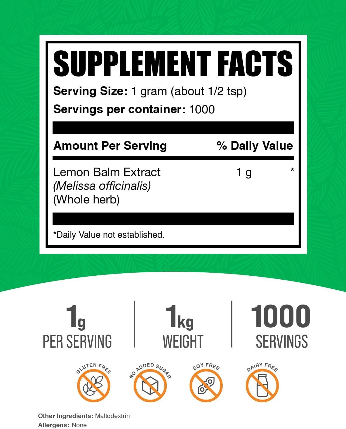 1kg Bulk Lemon Balm Extract Powder - Vegan & Gluten Free Supplement, 1000mg per Serving - Melissa Officinalis - 2.2 lbs Pack