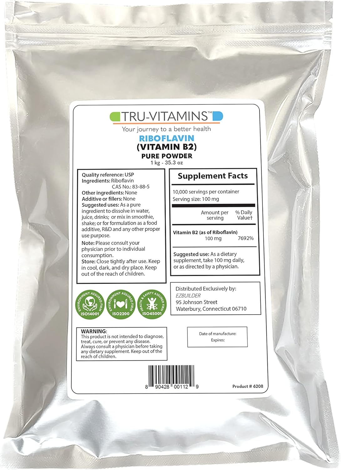 1kg EZ BUILDER Vitamin B2 Riboflavin Pure Powder for Energy and Metabolism Support