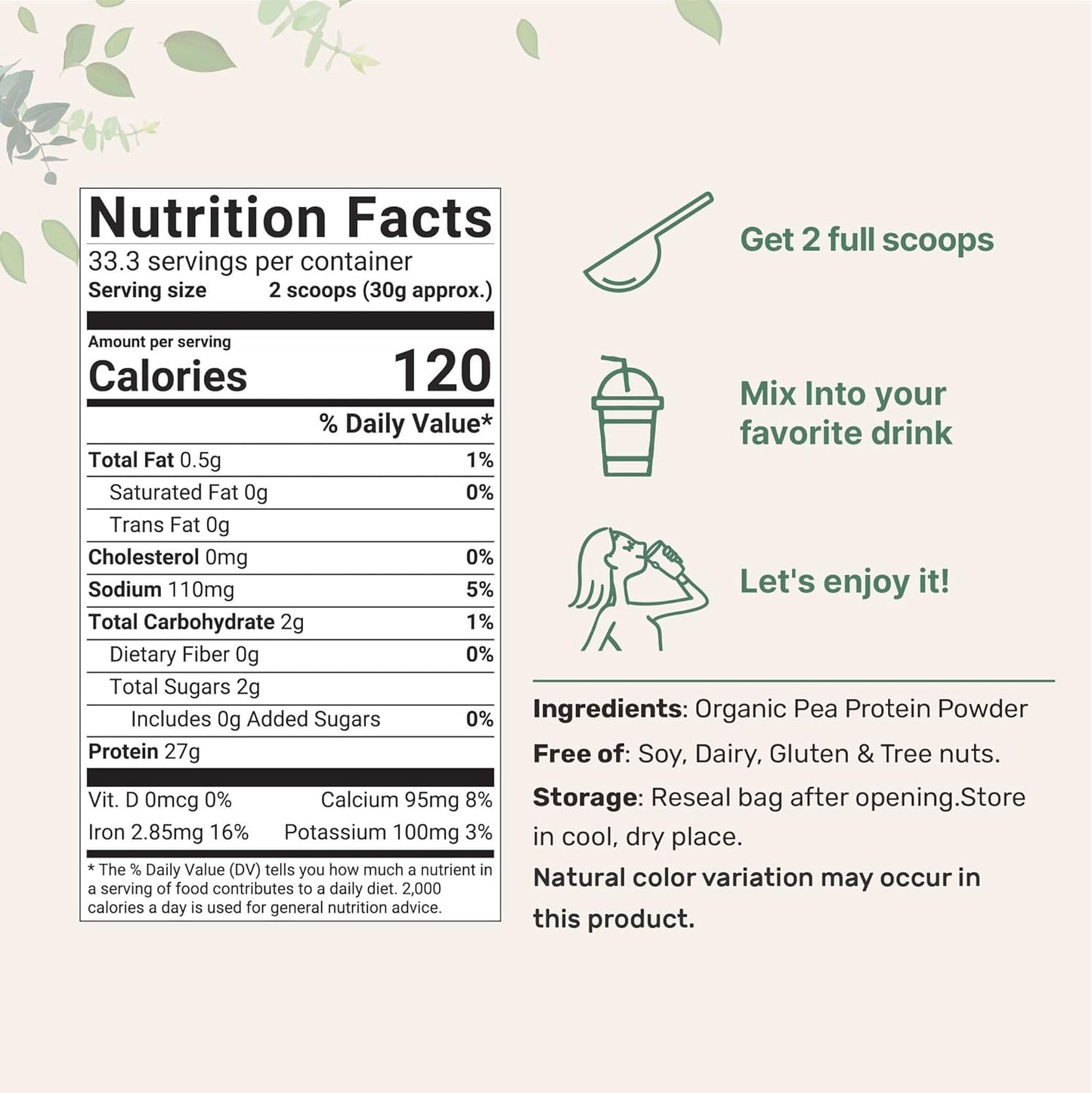 1KG Organic Pea Protein Powder from North America | Vegan Meatless Supplement with BCAAs | Non-GMO, Soy Free