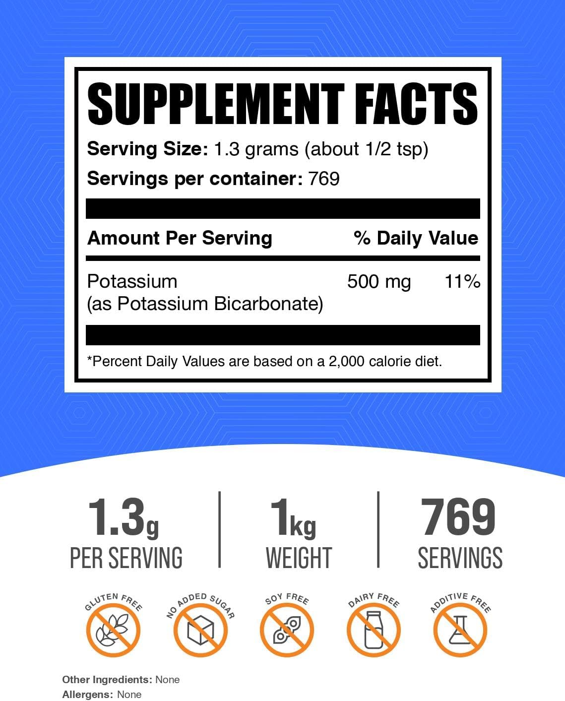 1kg Potassium Bicarbonate Powder - Food Grade Supplement, 1300mg per Serving (500mg Potassium) - Bulk Size