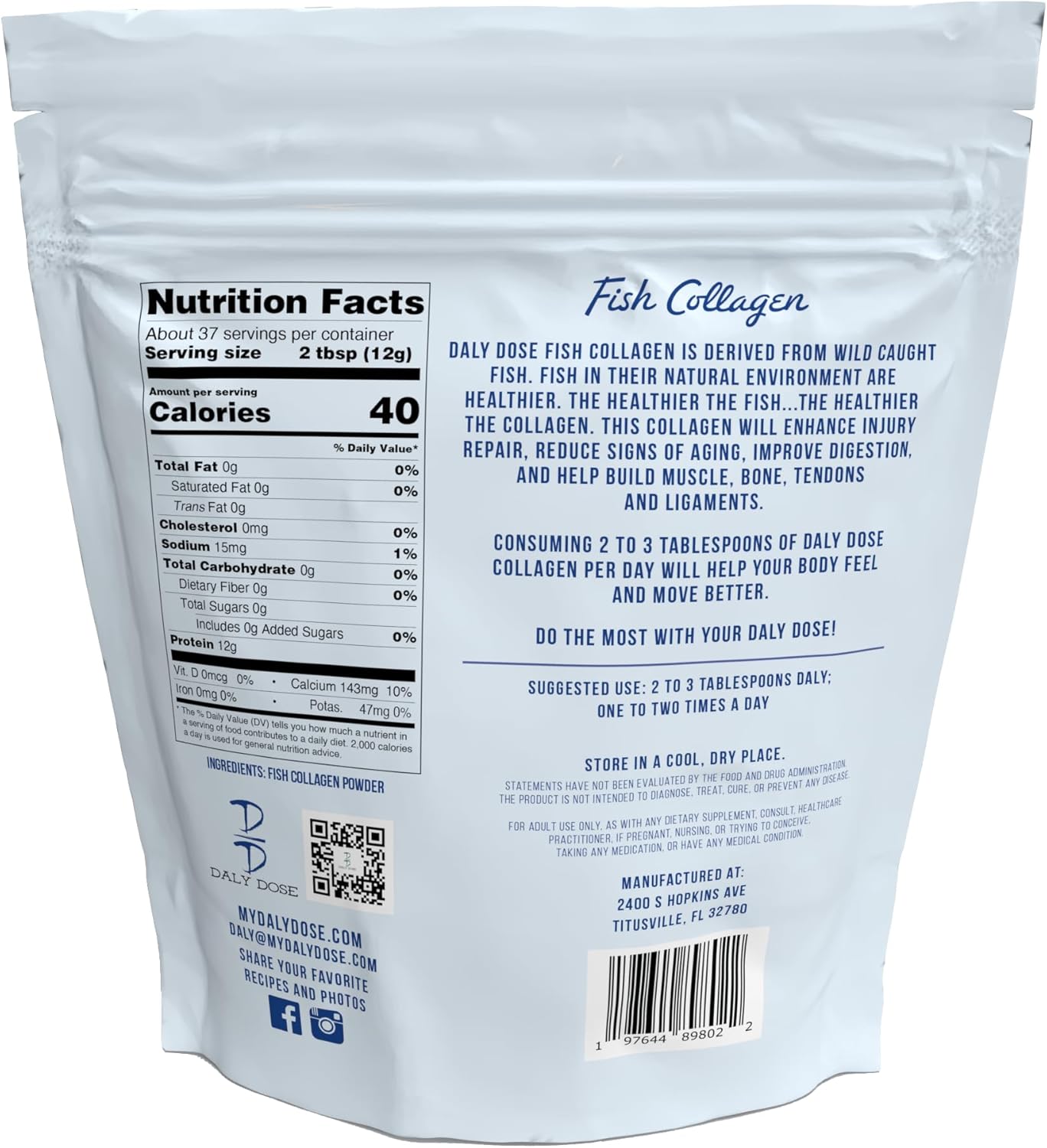 1lb Bag of Daly Dose Tilapia Fish Collagen: 37 Servings, 12g Protein Per Serving, Gluten Free, Keto & Paleo Friendly, Non-Irradiated