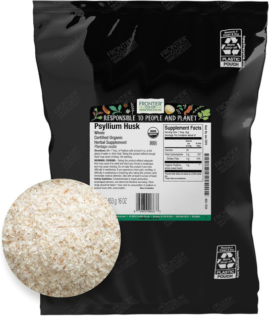 1lb Frontier Co-op Organic Whole Psyllium Husk - Kosher & Organic Fiber Supplement for Baking and Digestion - Bulk Psyllium Husk Powder