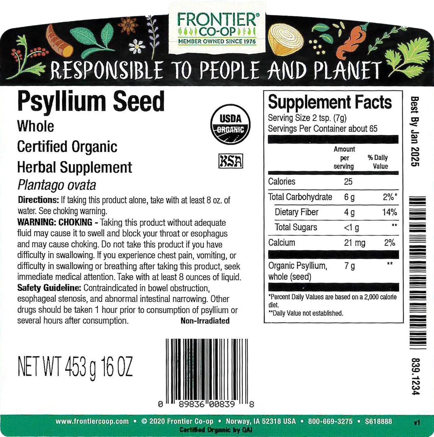 1lb Frontier Co-op Organic Whole Psyllium Seed - Natural Fiber Supplement for Digestive Health