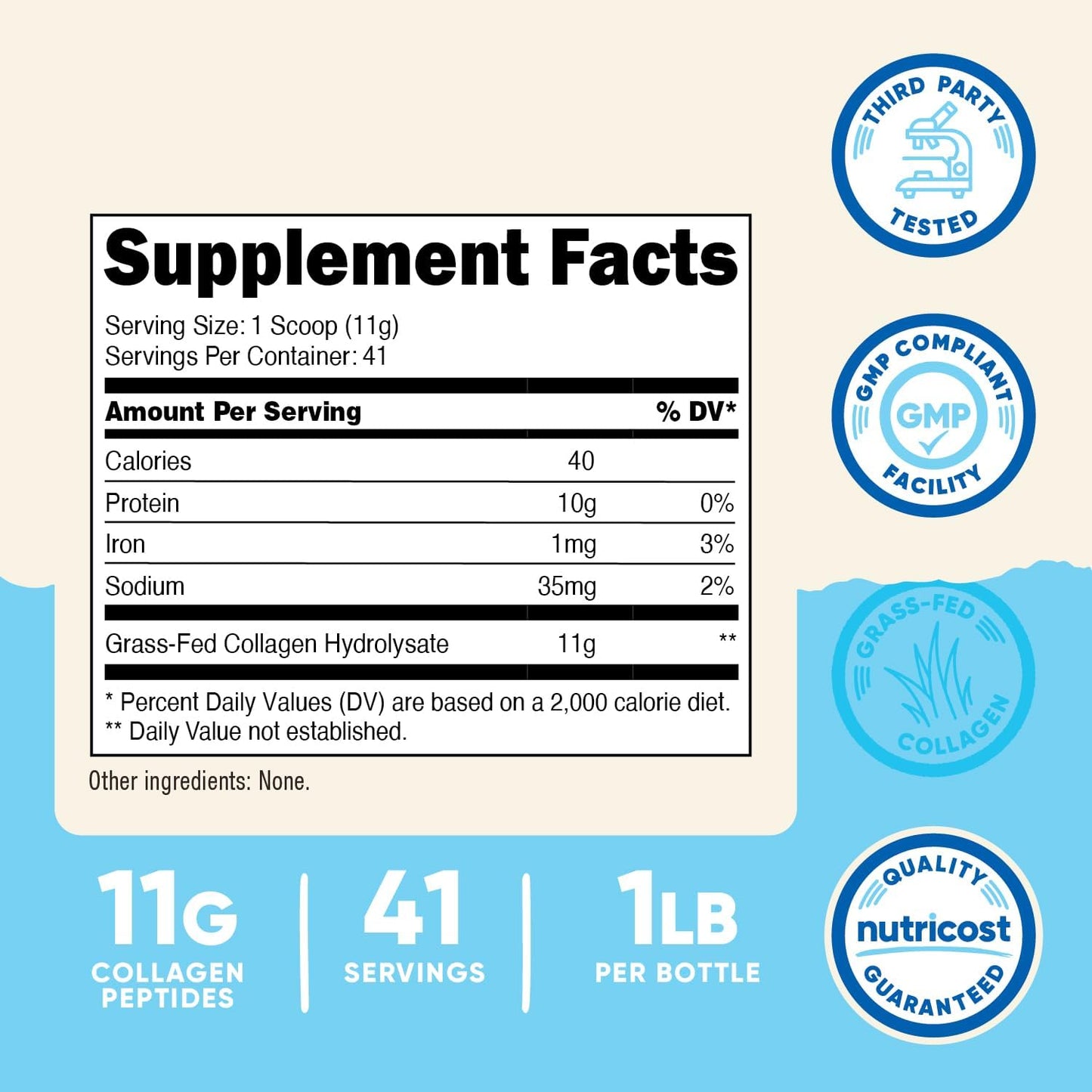 1LB Grass-Fed Bovine Collagen Hydrolysate Powder - Unflavored Peptides - Nutricost (454 G)